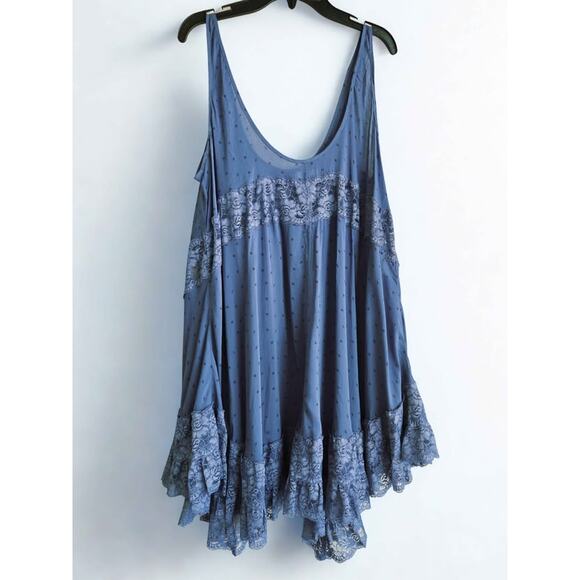FREE PEOPLE Intimately Blue Lace Trim Voile and Lace Trapeze dress small - Picture 1 of 5